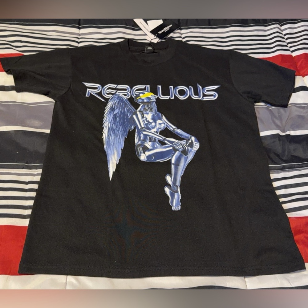 Black Graphic Tee with Blue Angel Design